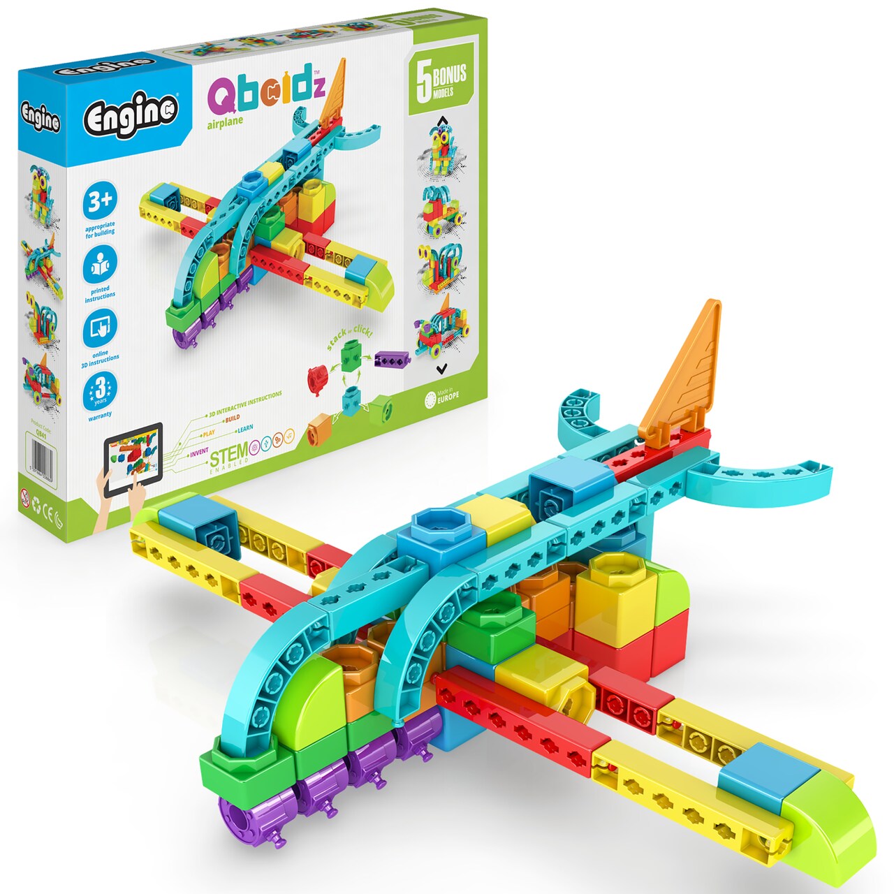 Engino: Qboidz Airplane - 5 Model Brick Building Set, Toy Construction, Coloring & Math Activities, Stack & Click Assembly, STEM Play & Learn, Kids 3+